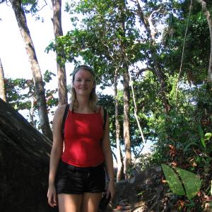A lady trekking outdoors