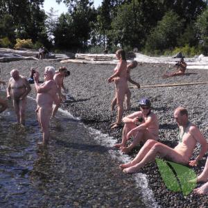 a group of co-ed nudists relaxing in the water in the wilderness