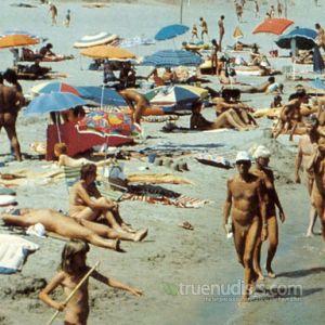 a crowd of co-ed nudists enjoying the water outside